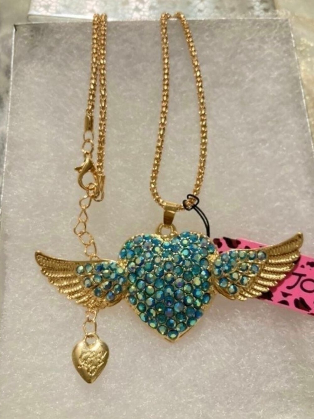 Betsey Johnson Gold-Tone Winged Heart Necklace with Blue Crystals